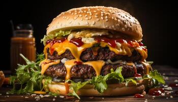 ai generato grigliato buongustaio hamburger con formaggio, pomodoro, e cipolla su ciambella generato di ai foto