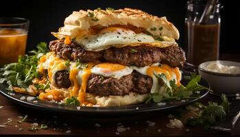 ai generato grigliato Manzo hamburger con fresco pomodoro, fatti in casa Cheddar formaggio generato di ai foto