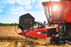 il macchina per raccolta grano colture - combinare mietitore nel azione su segale campo a soleggiato estate giorno. agricolo macchinari tema. foto