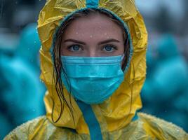 ai generato un emergenza camera infermiera. un' donna è nella foto indossare un' giallo impermeabile e un' blu viso maschera.