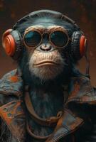 ai generato scimmia nel pelle giacca e occhiali da sole ascoltando per musica su cuffie decorazione e creativo concetto foto