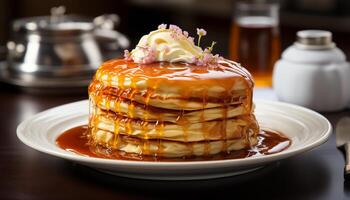 ai generato appena al forno Pancakes con sciroppo e cioccolato salsa su di legno tavolo generato di ai foto