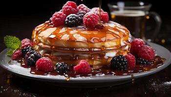 ai generato fatti in casa pancake pila con fresco frutti di bosco, cioccolato, e sciroppo generato di ai foto