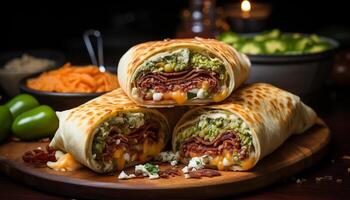 ai generato grigliato Manzo taco su piadina con fresco guacamole e pomodoro generato di ai foto