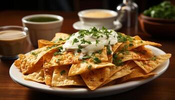 ai generato freschezza e Spezia su un' piatto, guacamole taco pronto per mangiare generato di ai foto