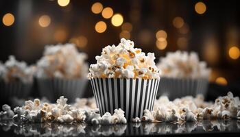 ai generato fresco Popcorn nel un' giallo scatola, Perfetto film Teatro merenda generato di ai foto