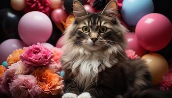 ai generato carino gattino seduta con un' giocattolo, circondato di colorato decorazioni generato di ai foto