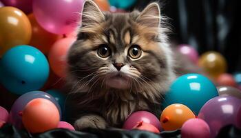 ai generato carino gattino giocando con giocattolo, circondato di colorato decorazioni generato di ai foto