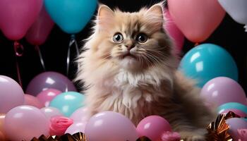 ai generato carino gattino e giocoso cucciolo celebrare compleanno con colorato palloncini generato di ai foto