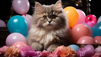 ai generato carino gattino giocando con colorato palloncini a compleanno festa generato di ai foto