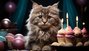 ai generato carino gattino seduta, guardare a compleanno Cupcake con candela generato di ai foto