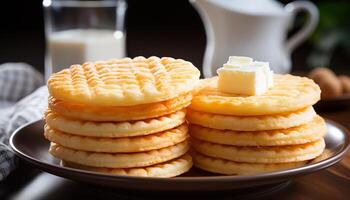 ai generato freschezza e indulgenza su un' fatti in casa burro di latte pancake pila generato di ai foto