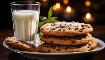 ai generato fatti in casa cioccolato patata fritta biscotti su rustico di legno tavolo, indulgente diletto generato di ai foto