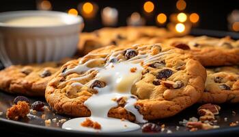 ai generato appena al forno fatti in casa cioccolato patata fritta biscotti su rustico di legno tavolo generato di ai foto