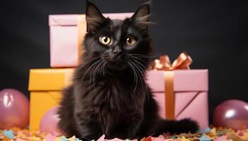 ai generato carino gattino con regalo, guardare giocoso, festeggiare compleanno festa generato di ai foto