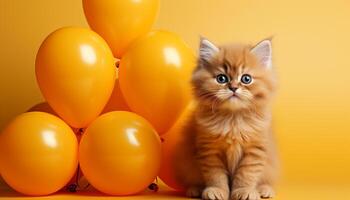 ai generato carino gattino giocando con colorato Palloncino, festeggiare suo compleanno generato di ai foto