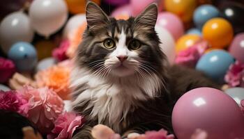 ai generato carino gattino giocando con un' giocattolo, circondato di colorato decorazioni generato di ai foto
