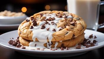 ai generato appena al forno cioccolato patata fritta biscotti su un' rustico di legno piatto generato di ai foto