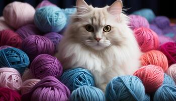 ai generato carino gattino giocando con fatti in casa viola uncinetto palla di lana generato di ai foto