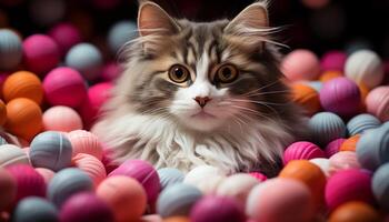 ai generato carino gattino giocando con giocattolo sfera, circondato di colorato decorazioni generato di ai foto