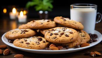 ai generato un' pila di fatti in casa cioccolato patata fritta biscotti su un' tavolo generato di ai foto