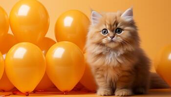 ai generato carino gattino giocando con giocattolo, festeggiare compleanno con palloncini generato di ai foto