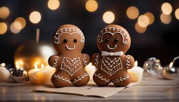 ai generato sorridente coppia decorazione fatti in casa Pan di zenzero biscotti nel lume di candela generato di ai foto