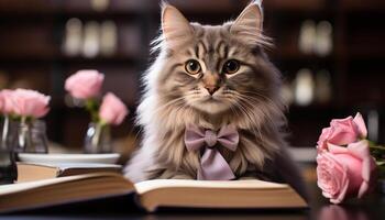 ai generato carino gattino seduta su tavolo, lettura libro nel biblioteca generato di ai foto