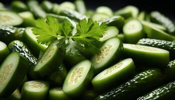ai generato fresco cetriolo fetta su un' verde insalata, salutare e biologico generato di ai foto