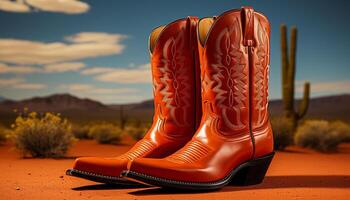 ai generato paio di pelle cowboy stivali a piedi su rurale ranch generato di ai foto