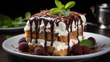 ai generato appena al forno cioccolato torta con frustato crema e lampone salsa generato di ai foto