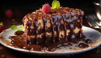 ai generato appena al forno cioccolato torta con frustato crema e fragola salsa generato di ai foto