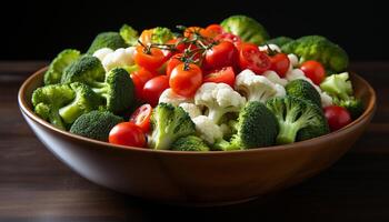 ai generato freschezza e natura su un' di legno tavolo salutare mangiare, vegetariano cibo generato di ai foto