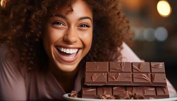 ai generato sorridente donna godendo dolce cioccolato, felicità nel uno ritratto generato di ai foto