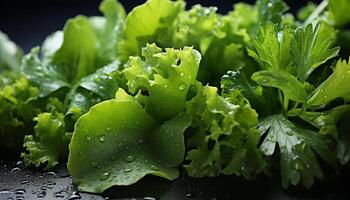 ai generato fresco verde foglia, bagnato con rugiada, un' salutare vegetariano insalata generato di ai foto