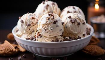 ai generato fatti in casa ghiaccio crema coppa di gelato, un' dolce indulgenza su di legno tavolo generato di ai foto