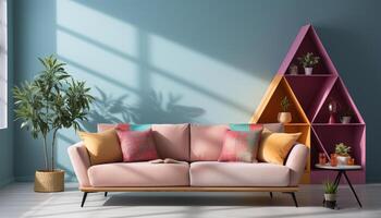 ai generato moderno appartamento con confortevole divano, luminosa arredamento, e elegante design generato di ai foto