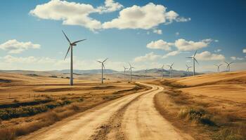 ai generato vento turbine svolta nel un' riga, alimentazione natura sostenibile energia generato di ai foto