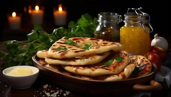 ai generato fresco fatti in casa pasto su di legno piatto, pronto per mangiare e delizioso generato di ai foto