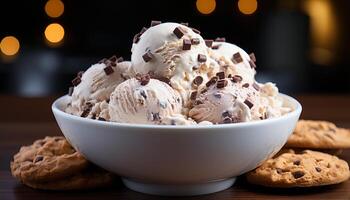 ai generato fatti in casa cioccolato ghiaccio crema coppa di gelato guarnita su rustico di legno tavolo generato di ai foto