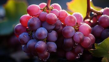 ai generato fresco uva grappoli su un' vigneto ramo, natura dolce rinfresco generato di ai foto