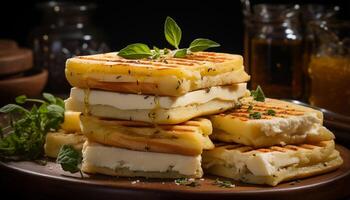 ai generato un' salutare pranzo grigliato Mozzarella su un' rustico pane fetta generato di ai foto