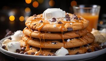 ai generato fatti in casa pancake pila con cioccolato sciroppo e fresco frutti di bosco generato di ai foto