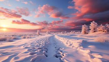 ai generato maestoso inverno paesaggio neve coperto montagne, tramonto, tranquillo foresta generato di ai foto