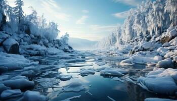 ai generato inverno paesaggio neve coperto montagne riflettere nel tranquillo ghiacciato acque generato di ai foto