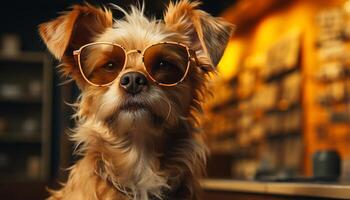 ai generato carino cucciolo indossare occhiali da sole seduta all'aperto, guardare a telecamera generato di ai foto