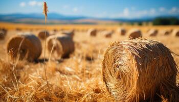 ai generato d'oro Grano balle punto il rurale paesaggio nel autunno generato di ai foto