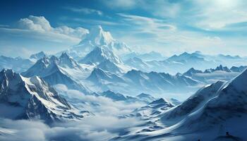 ai generato maestoso montagna picco, neve coperto paesaggio, tranquillo scena, blu cielo generato di ai foto