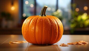 ai generato autunno tavolo decorazione zucca lanterne illuminare il spaventoso notte generato di ai foto