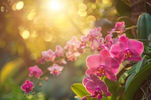 ai generato illuminata dal sole rosa orchidee nel lussureggiante giardino foto